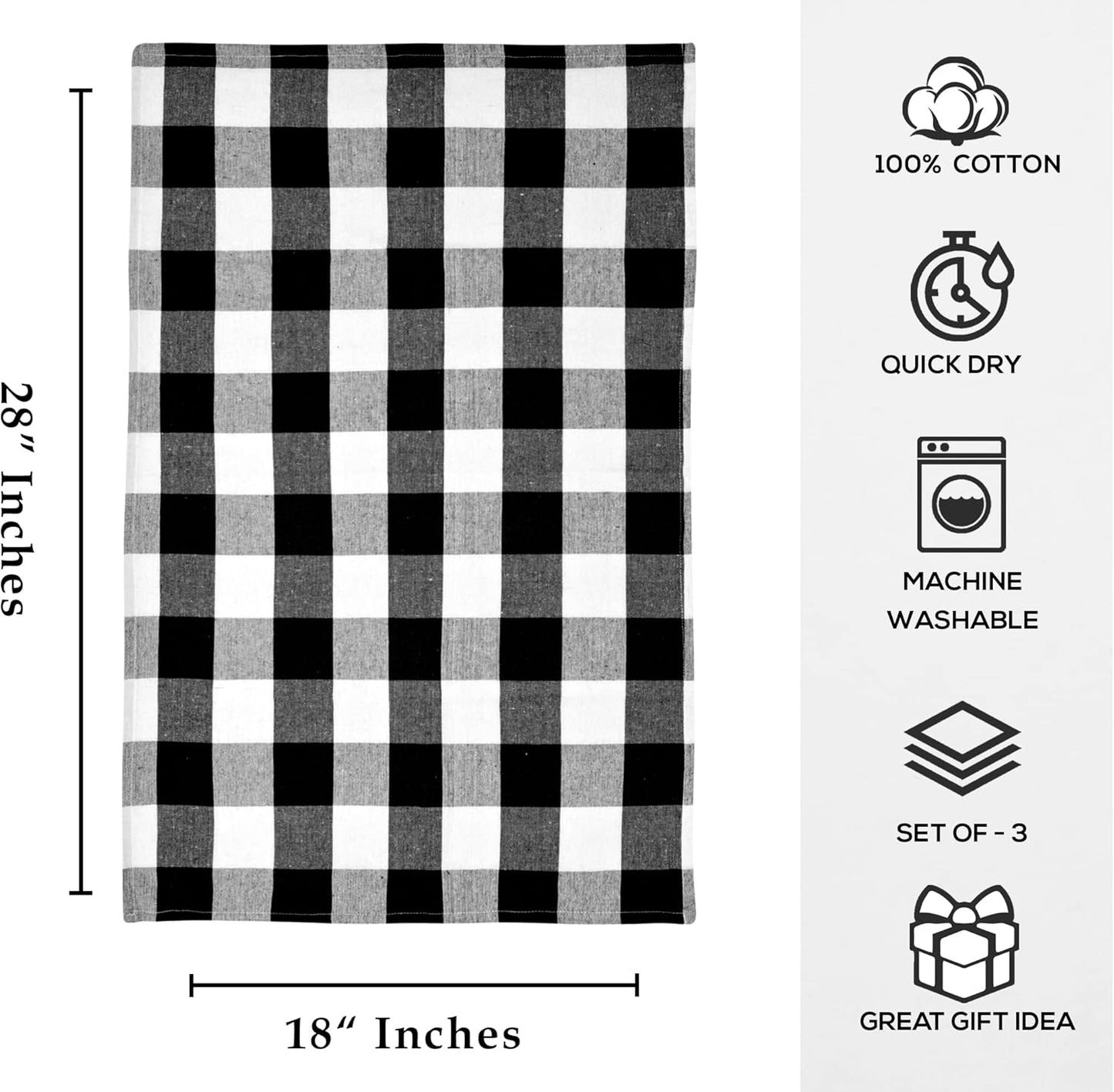 Black Kitchen Towels, 100% Cotton, Set of 3, Halloween Black Hand Towels, Checkered Tea Towels, Buffalo Plaid Kitchen Towels, Cotton Dishtowel, Quick Drying Dish Towels (Black and White)