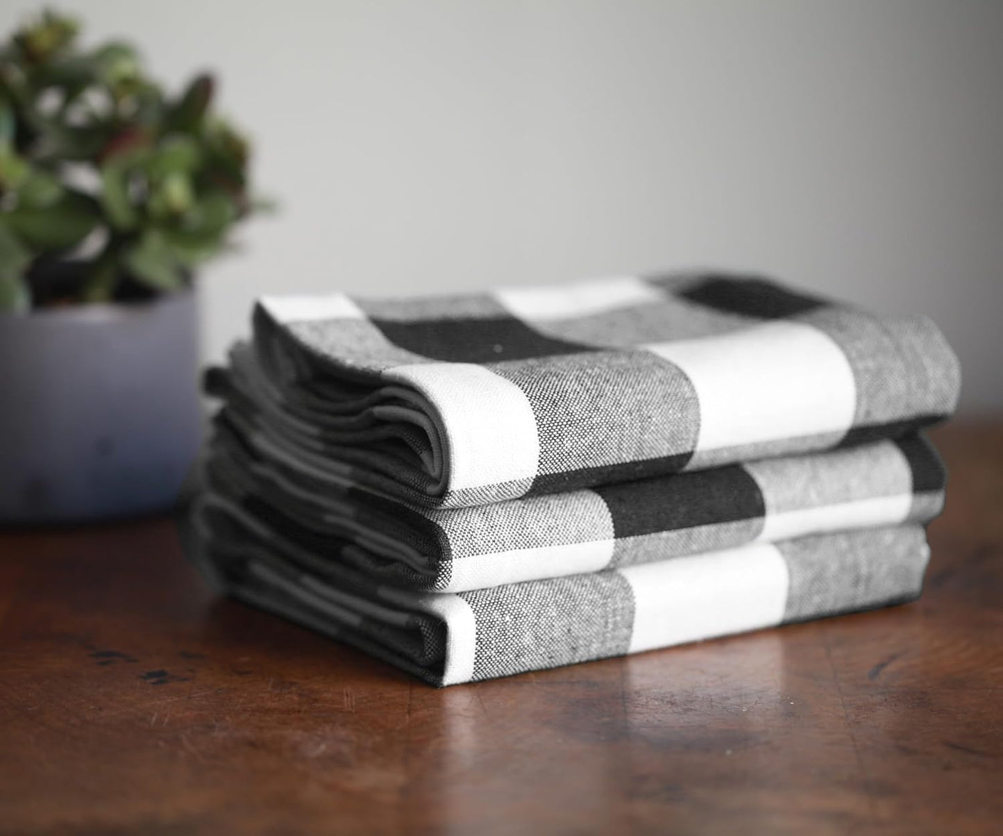 Black Kitchen Towels, 100% Cotton, Set of 3, Halloween Black Hand Towels, Checkered Tea Towels, Buffalo Plaid Kitchen Towels, Cotton Dishtowel, Quick Drying Dish Towels (Black and White)
