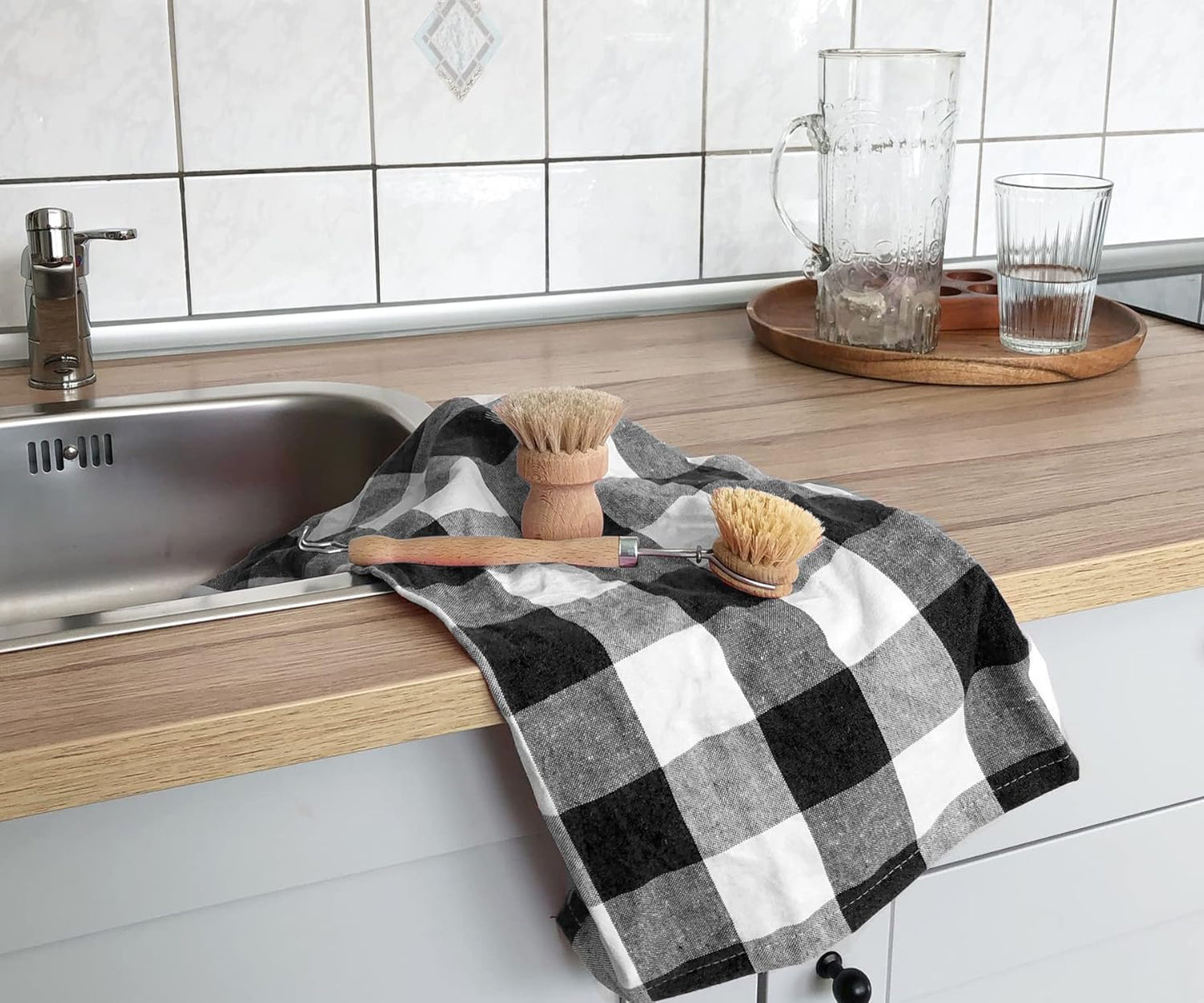 Black Kitchen Towels, 100% Cotton, Set of 3, Halloween Black Hand Towels, Checkered Tea Towels, Buffalo Plaid Kitchen Towels, Cotton Dishtowel, Quick Drying Dish Towels (Black and White)