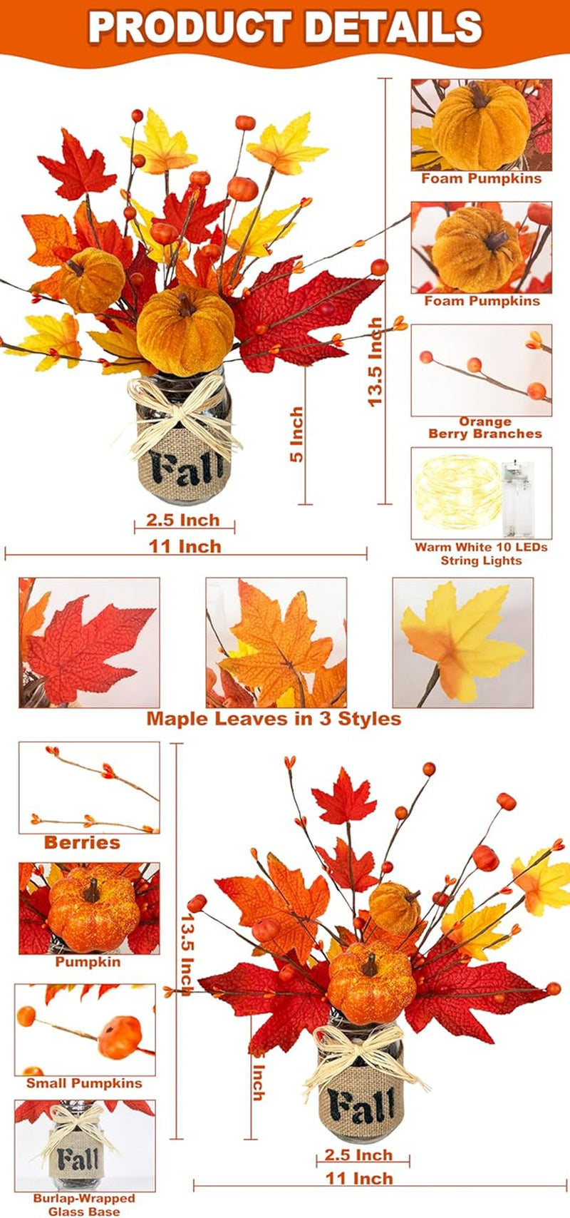 Fall Centerpiece Decor with Timer, Mason Jar & Lights - 2 Pack