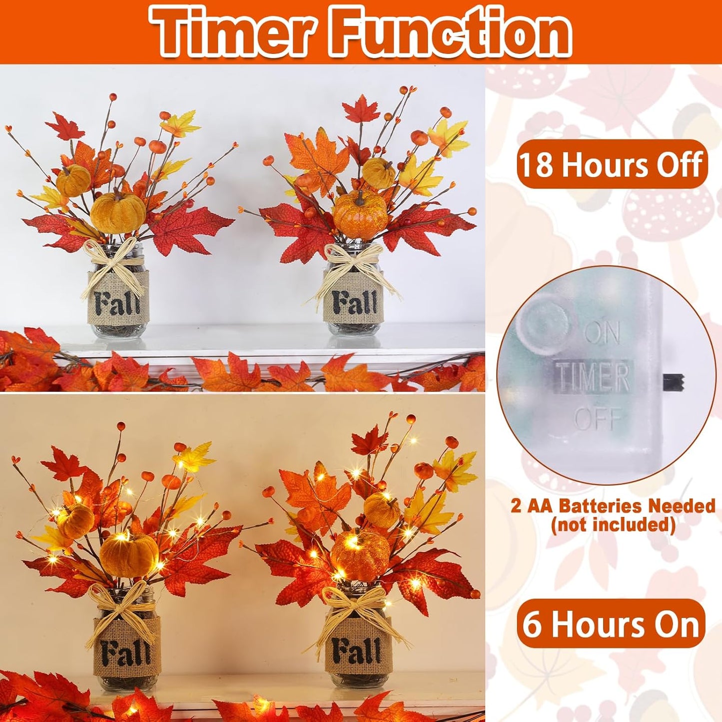Fall Centerpiece Decor with Timer, Mason Jar & Lights - 2 Pack