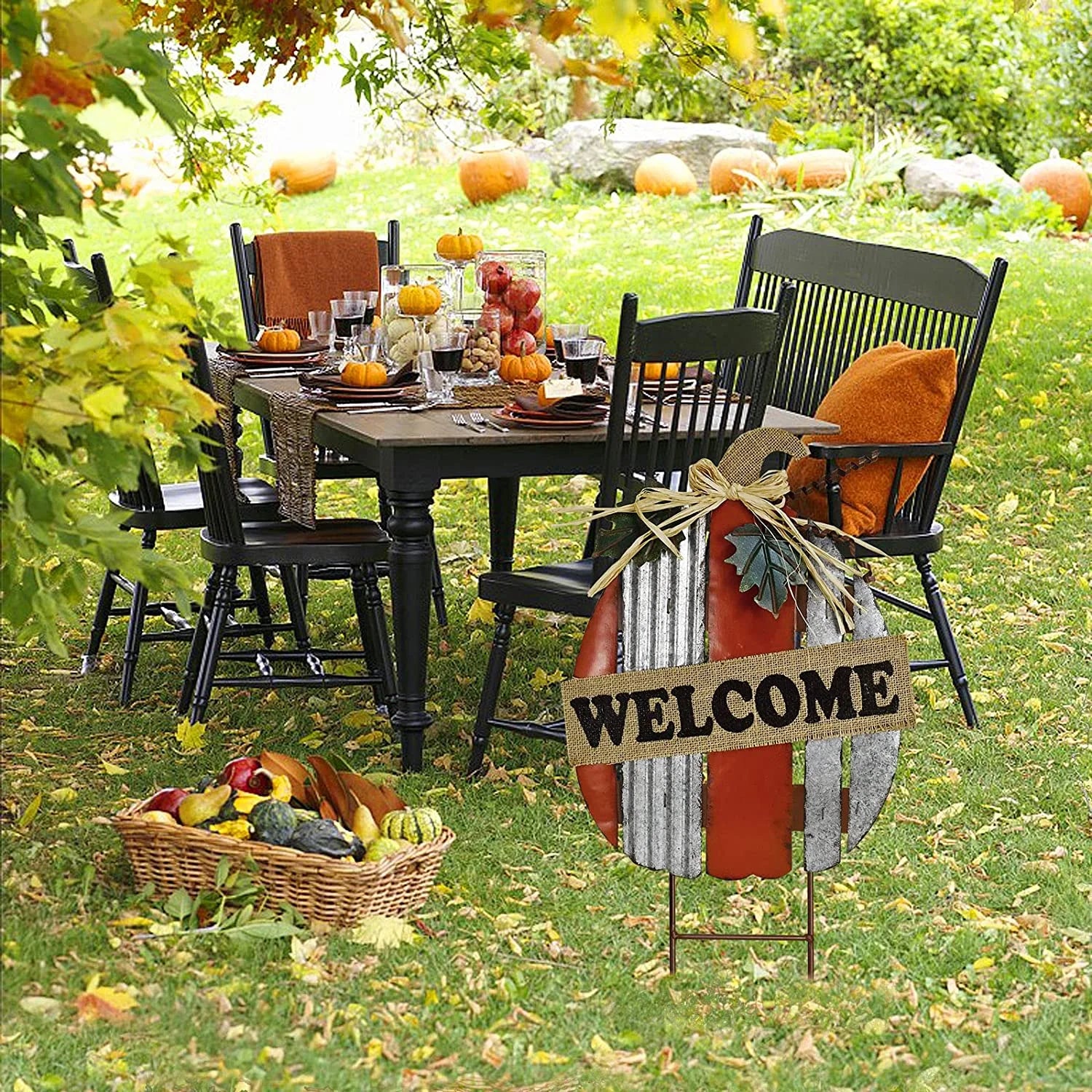 Rustic Pumpkin Garden Stake Metal Welcome Sign Fall Decor, Decorative Yard Décor Outdoor for Autumn Harvest Thanksgiving Halloween Decoration Home (Rustic Pumpkin)