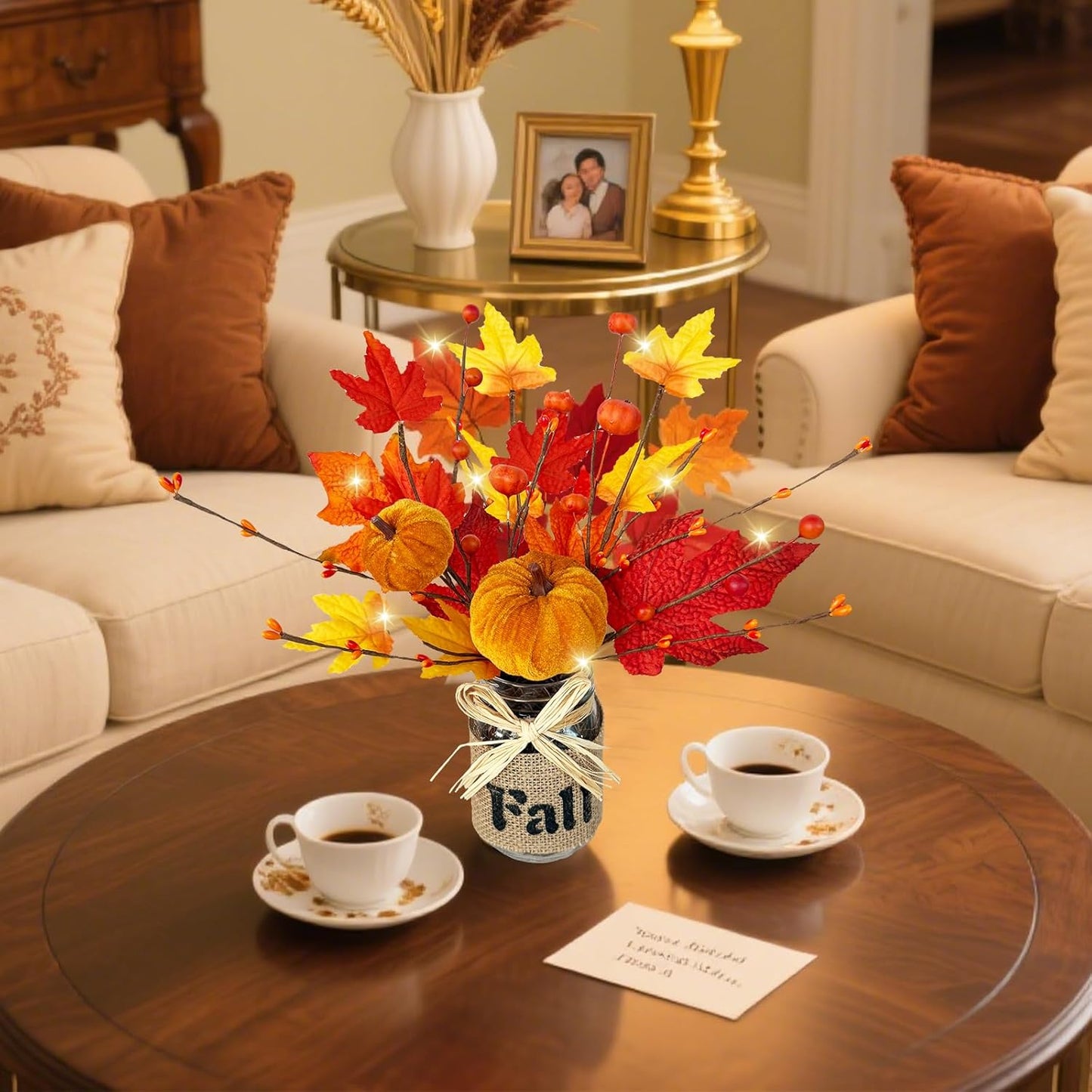 Fall Centerpiece Decor with Timer, Mason Jar & Lights - 2 Pack