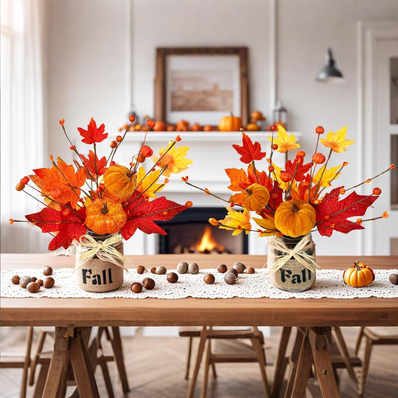 Fall Centerpiece Decor with Timer, Mason Jar & Lights - 2 Pack