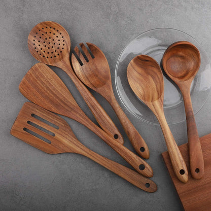 Wooden Cooking Utensils Set 6-Piece Wood Kitchen Utensil Set for Non Stick Cookware Wooden Spatula,Fork,Turner,Ladle,Strainer Spoons (6)