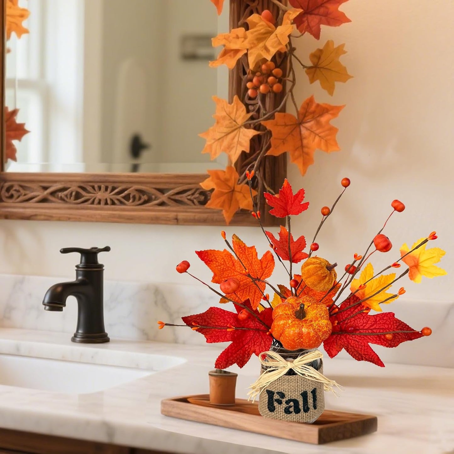 Fall Centerpiece Decor with Timer, Mason Jar & Lights - 2 Pack