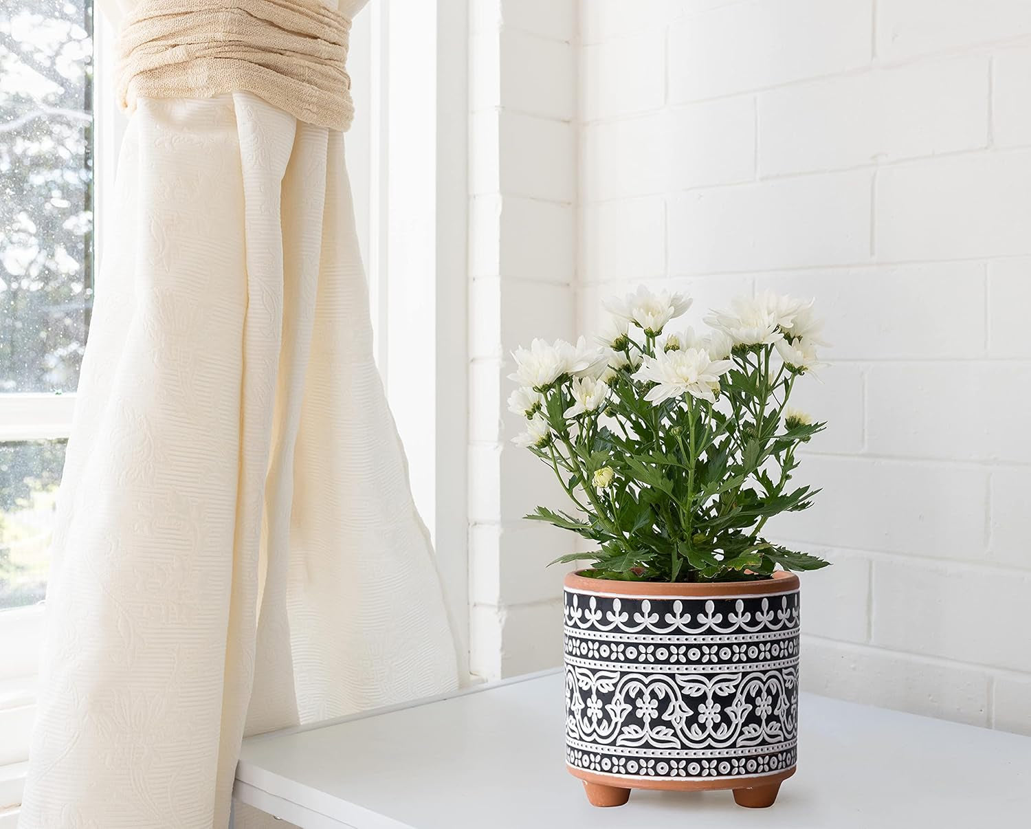 Set of 2 Terracotta Planter Pots, 4 Inch & 6 Inch, Design Plants Pot with Drainage Hole, Midnight Lace, Terracotta/Black, 31-953-F-2