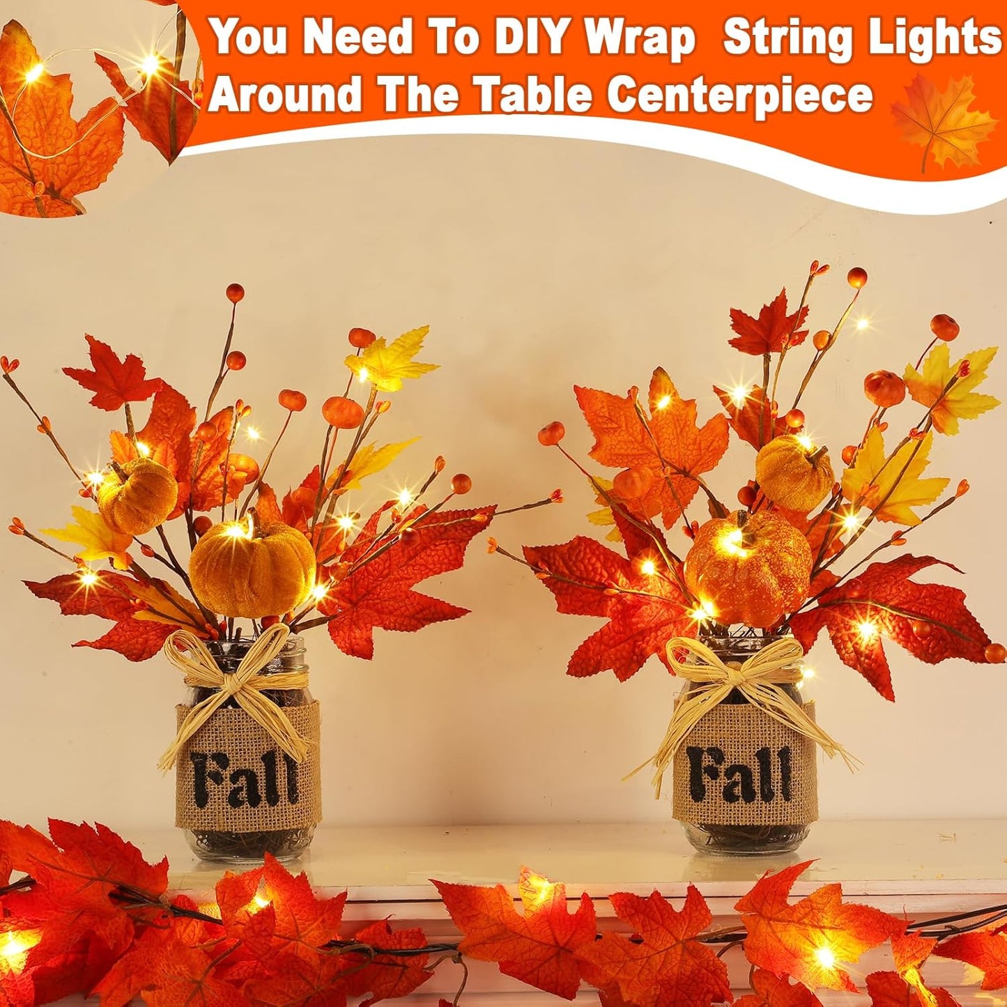Fall Centerpiece Decor with Timer, Mason Jar & Lights - 2 Pack