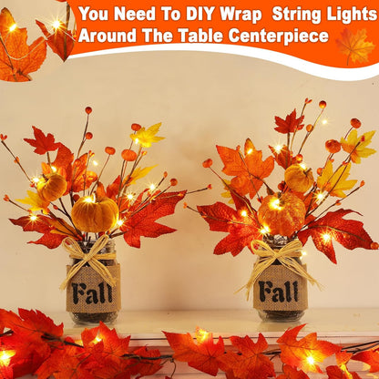 Fall Centerpiece Decor with Timer, Mason Jar & Lights - 2 Pack