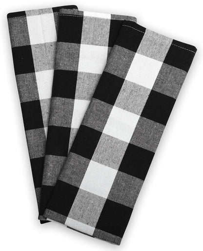 Black Kitchen Towels, 100% Cotton, Set of 3, Halloween Black Hand Towels, Checkered Tea Towels, Buffalo Plaid Kitchen Towels, Cotton Dishtowel, Quick Drying Dish Towels (Black and White)