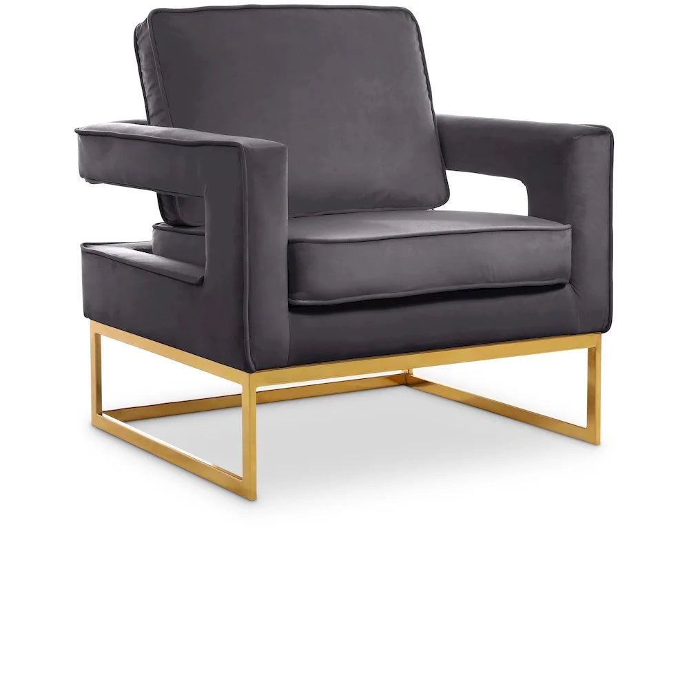 Noah Gray Velvet Accent Chair with Gold Iron Base