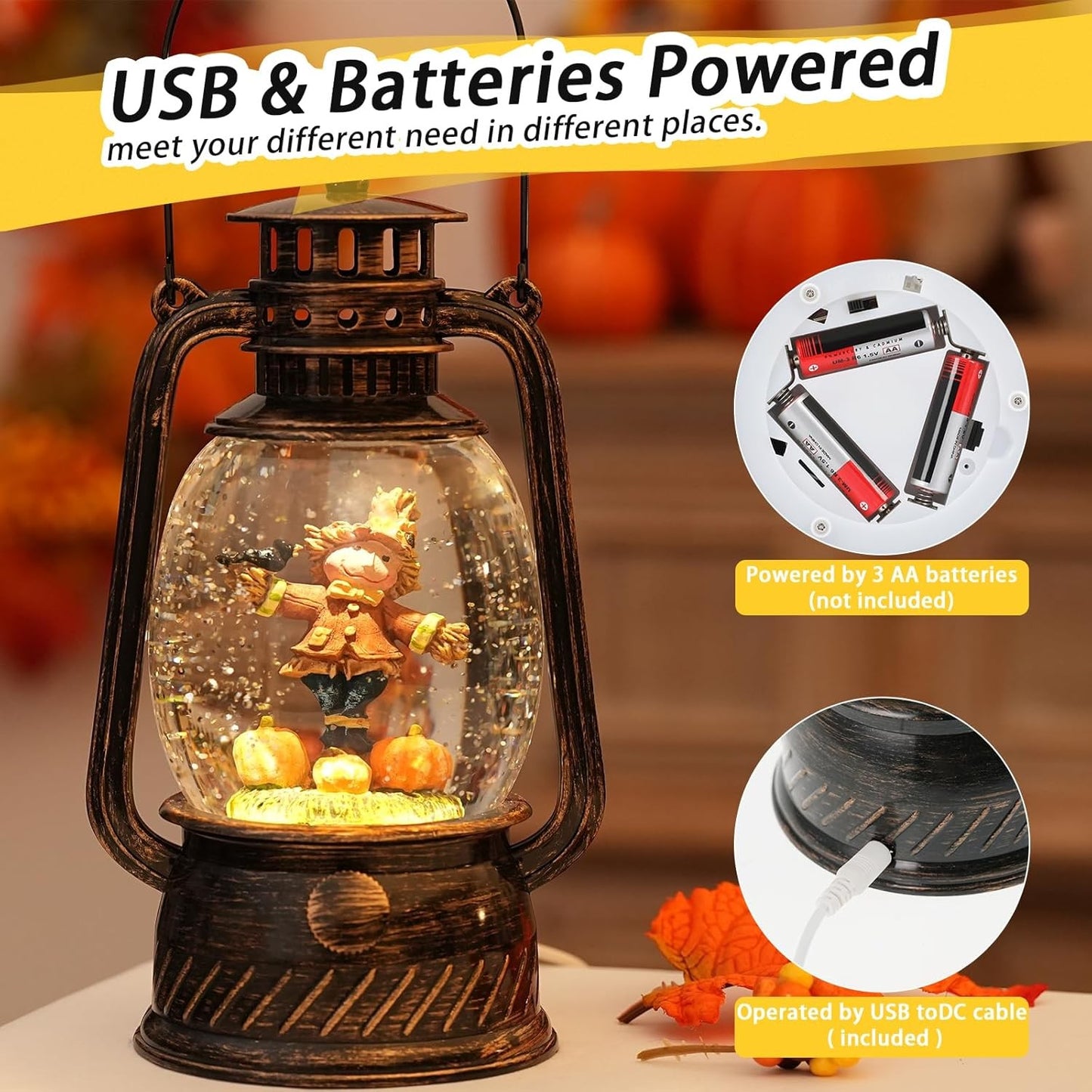 Fall Decor Scarecrow Snow Globe, Light up Globe Harvest