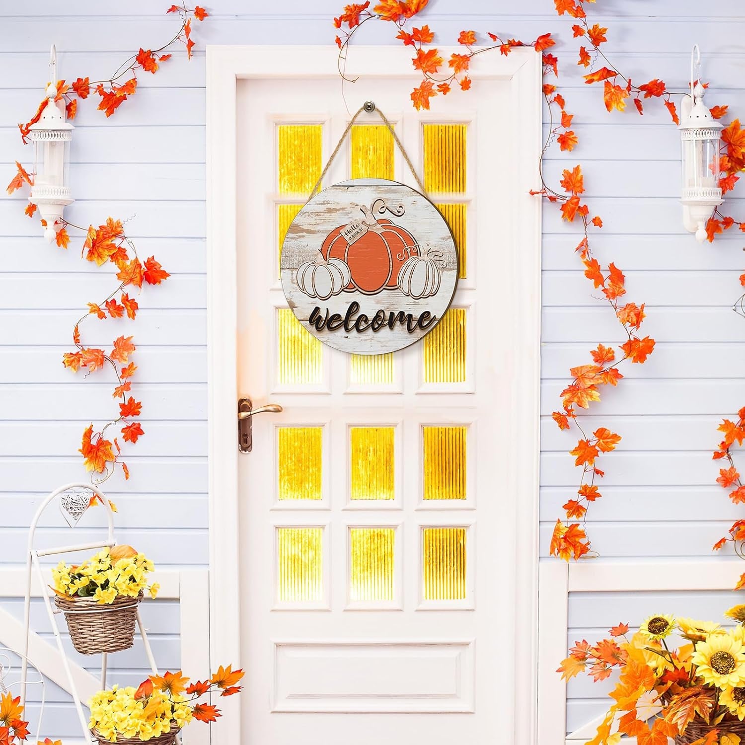 Autumn Welcome Sign - Rustic Pumpkin Door Hanger for Fall Decor