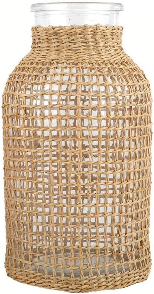 Glass Flower Vase with Rattan Cover, 6.29" Tall Rattan Vase, Wicker for Flowers, Boho Decor, Bud Vintage Country for Home Table Centerpiece, Farmhouse Decoration (S)