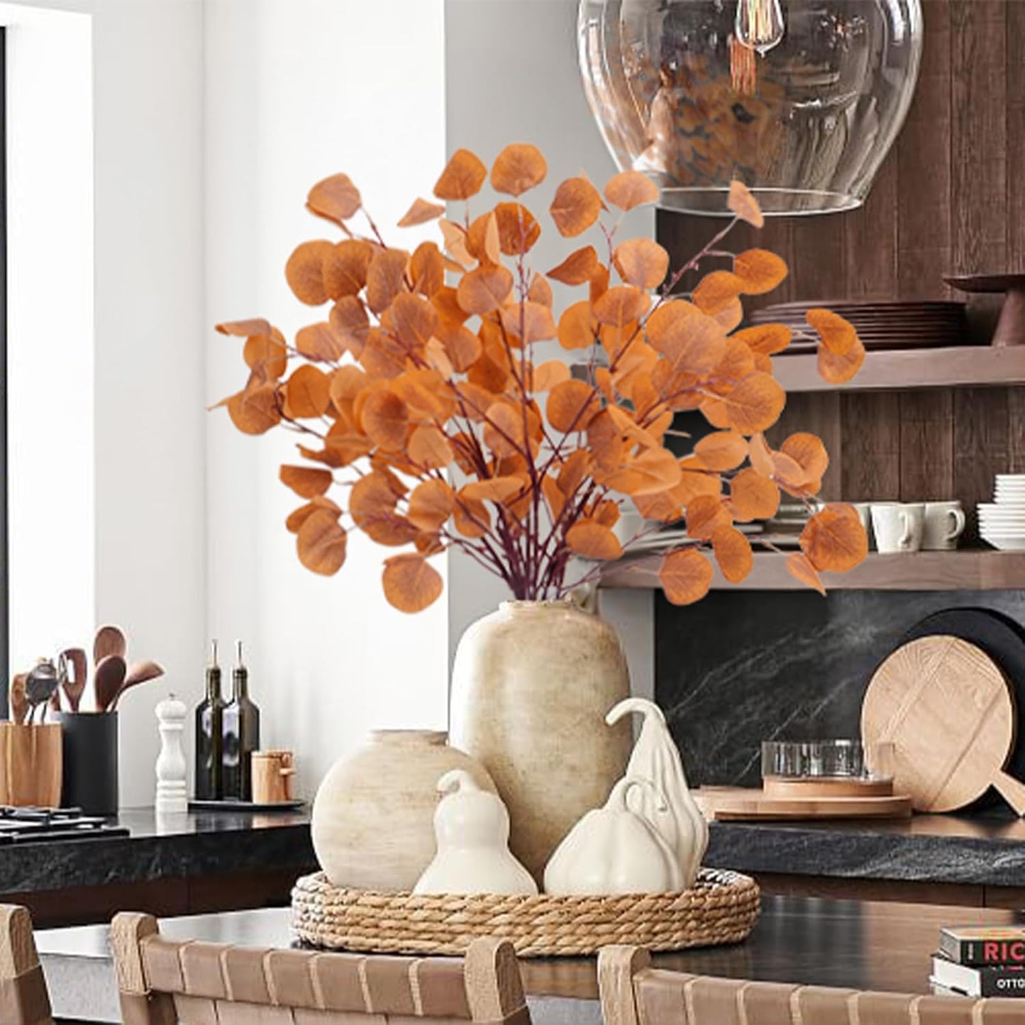 Artificial Eucalyptus Stems - Set of 6 Autumn Leaf Branches for Fall Decor