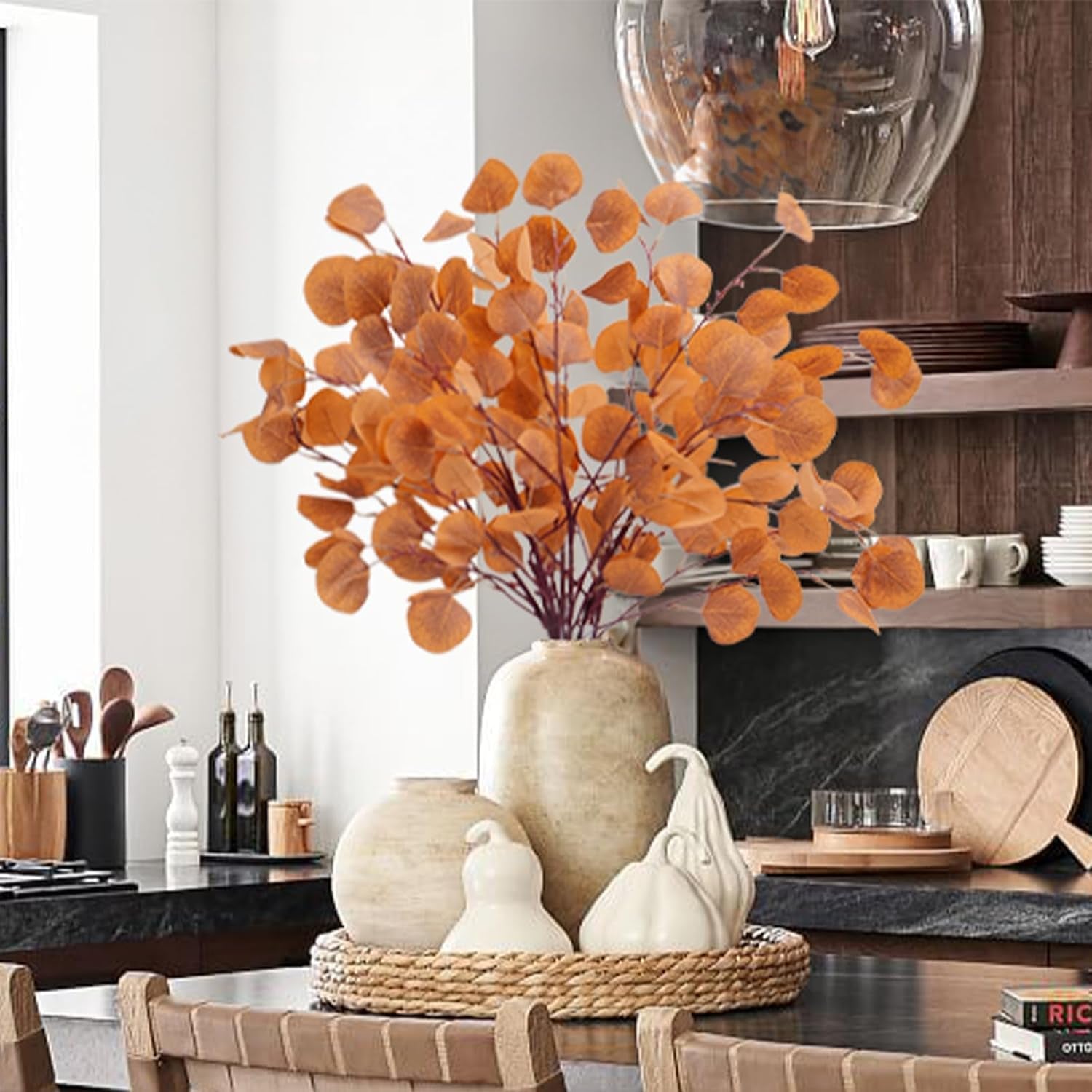 Artificial Eucalyptus Stems - Set of 6 Autumn Leaf Branches for Fall Decor